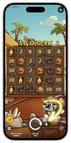 Le Digger slot: schermata di selezione della puntata da 0,05 a 50 EUR