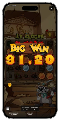 Le Digger slot: schermata vincita con payout elevato sul gioco mobile