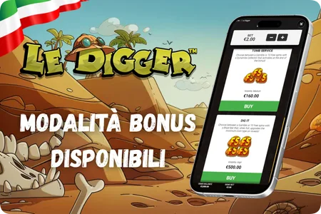 Le Digger slot: modalità bonus Tomb Service, Dig It e Gold Digger disponibili