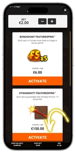 Le Digger slot: menu Buy Bonus con le opzioni BONUSHUNT, DYNAMIGHTY, Tomb Service e Dig It