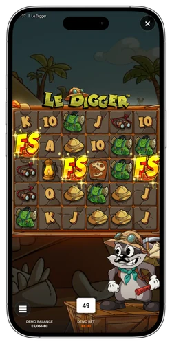 Le Digger slot: schermata dei free spins con meccanica Dynamite Removal attiva