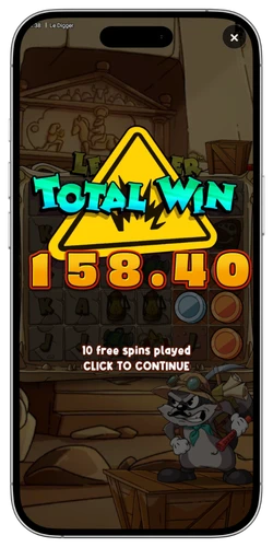 Le Digger slot: schermata vincita totale al termine della sessione free spins
