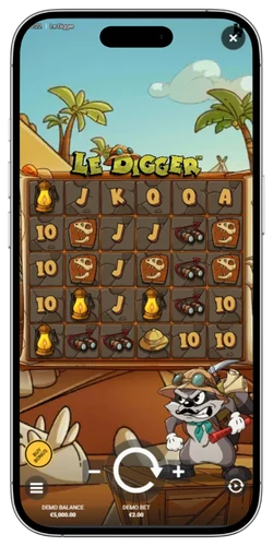 Le Digger slot: schermata di avvio del gioco con griglia 6x5 e meccanica cluster pays